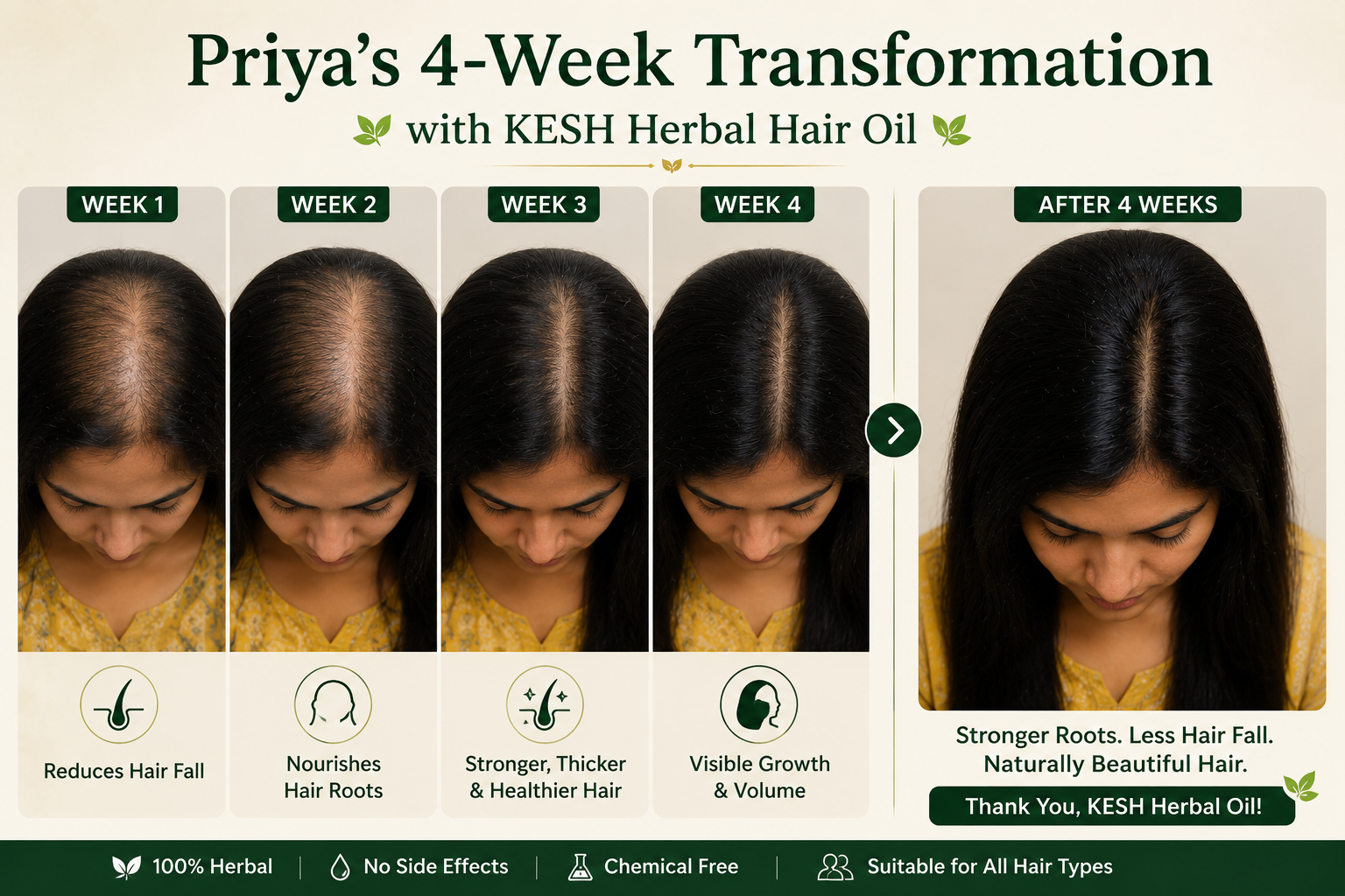 Priya's hair transformation with KESH Herbal Hair Oil - Before and After